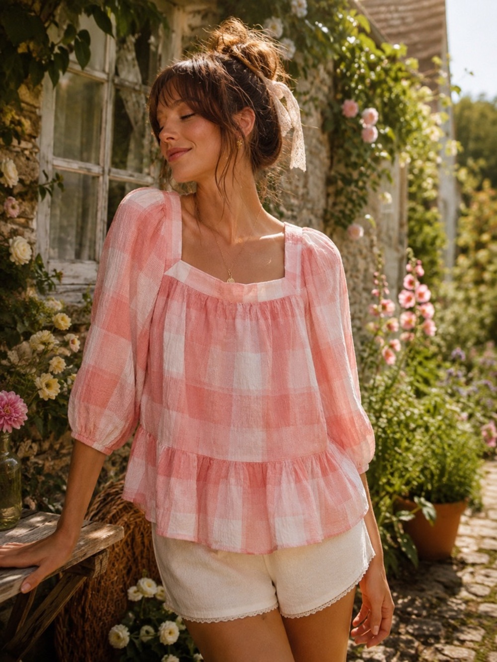 Chaps Pink Gingham Square-Neck Peasant Blouse